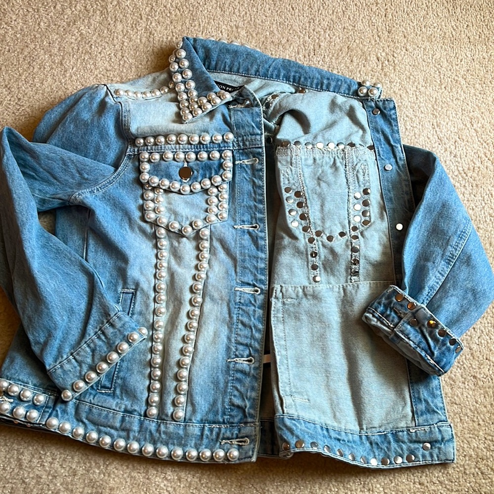 NWT Boston Proper Pearl Embellished Denim Jacket - originally $195! - Picture 9 of 11